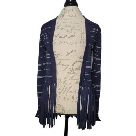 Yigal Azrouel Blue & White Striped Rib Cardigan with Fringe NEW - Picture 3 of 10